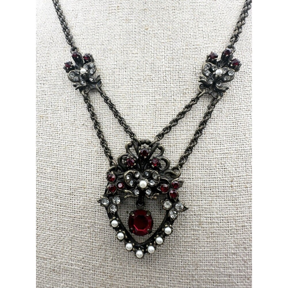 Vintage SR USA Rhinestone Faux Pearl Bohemian Necklace 21”